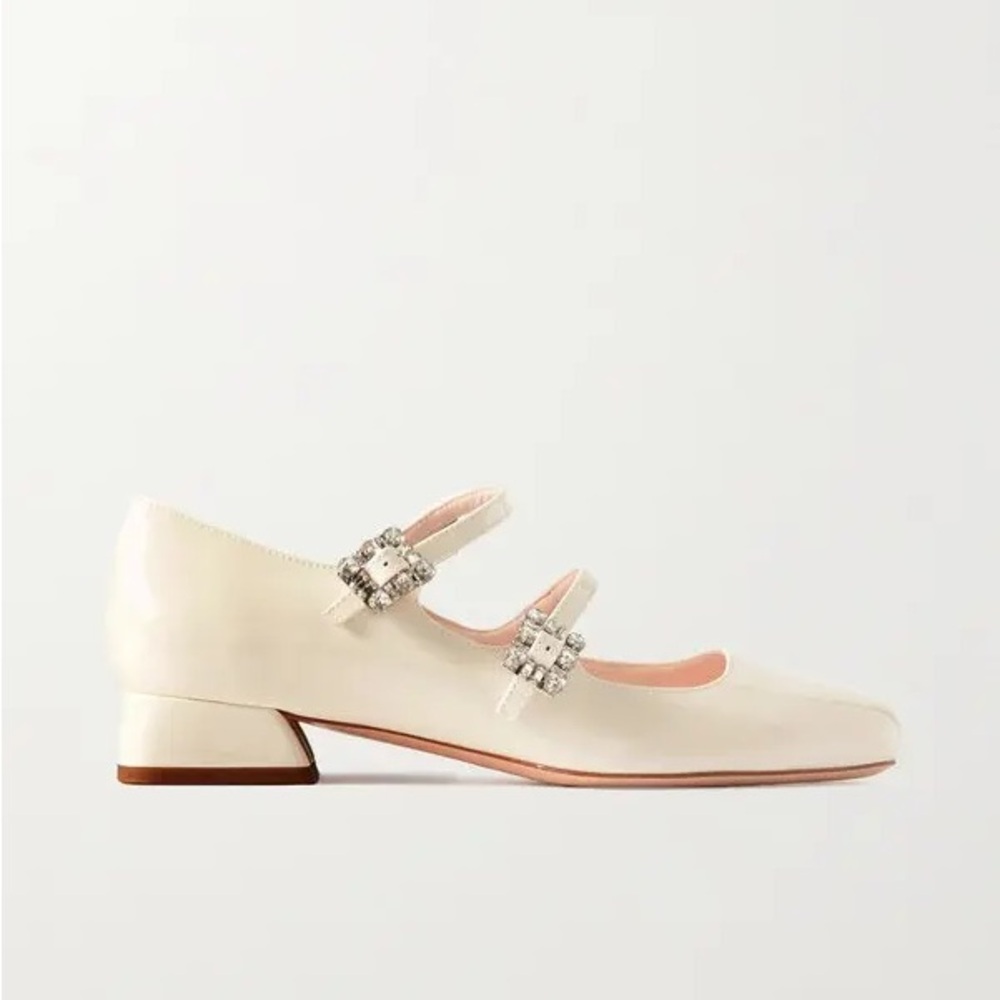 NWOT Crystal-Embellished Patent-Leather Maryjane Pumps - Cream - EU 38